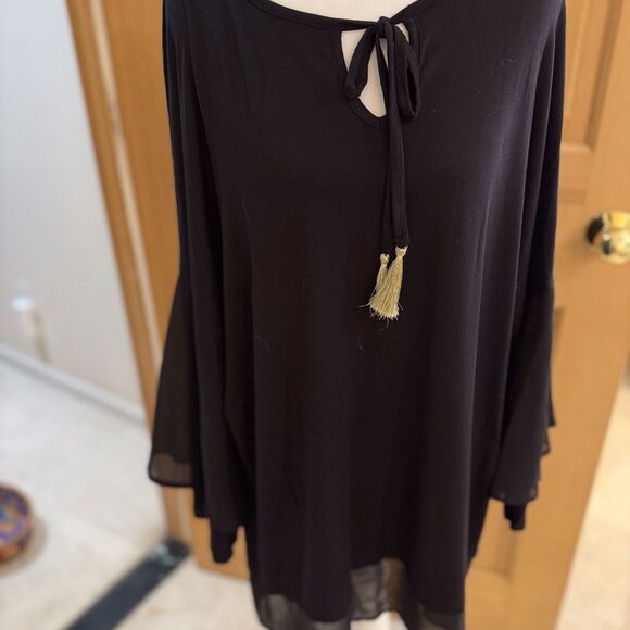 DESIGN HISTORY Black Flowy Dressy Top Size 2X Bell Ruffle‎ Sleeve long length - Picture 1 of 14